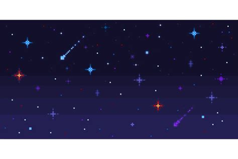 Pixel art night sky. Starry space with shooting stars, 8 bit