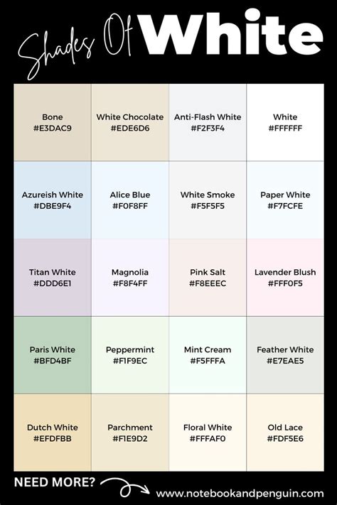 95+ White Color Codes - For The Perfect Shade OF White | Hex color palette, Color names chart ...