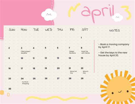 Cute April 2023 Calendar Template in Illustrator, Word, Google Docs, PSD - Download | Template.net