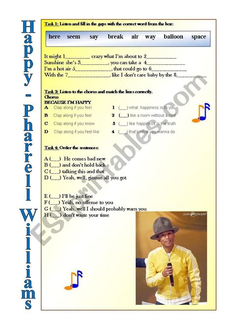 Happy - Pharrell williams - ESL worksheet by Afff