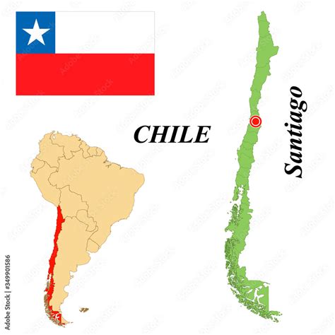 Republic of Chile. The Capital Is Santiago. Flag Of Chile. Map of the continent of South America ...