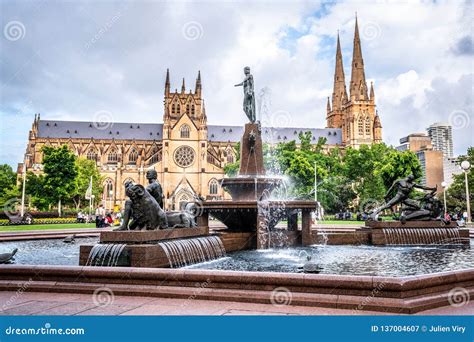 Hyde Park Fountain with St Mary`s Cathedral in Background in Sydney ...