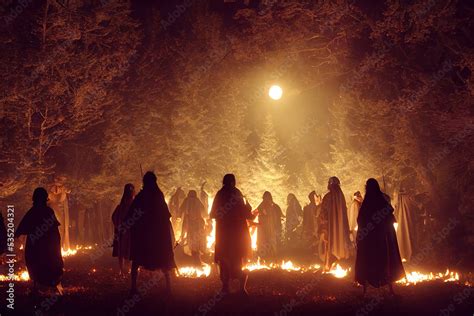 Silhouettes of pagans in robes at night around the fire. Pagan rituals in the middle ages ...