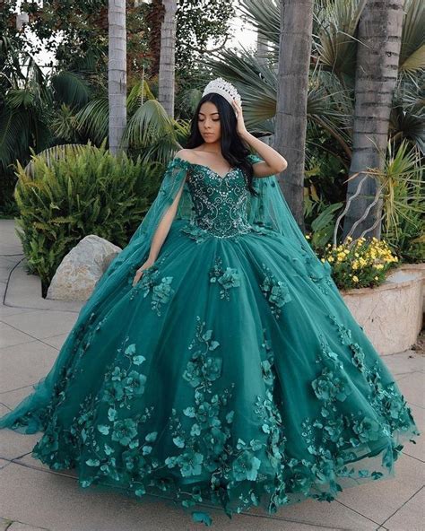 Emerald Green Ball Gown Quinceanera Dresses With Detachable Cape ...