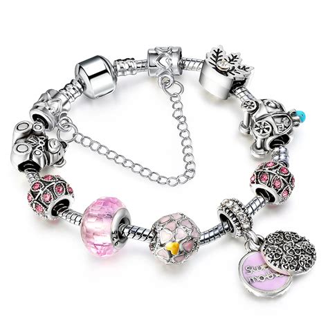 Vintage Silver Charm pandora bracelet femme for women Handmade pink crystal Bracelets & Bangles ...