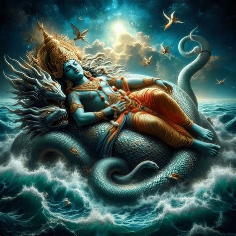 Lord Vishnu Art | Sleeping In The Cosmic Ocean On The Great Infinite Serpent - Sanatana ...