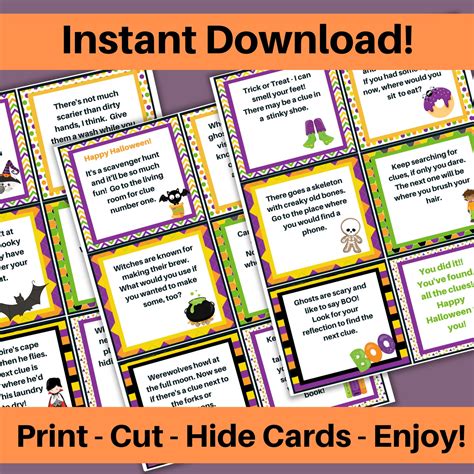 Halloween Scavenger Hunt Cards Printable Halloween Scavenger Hunt Clue Cards for Kids Instant ...