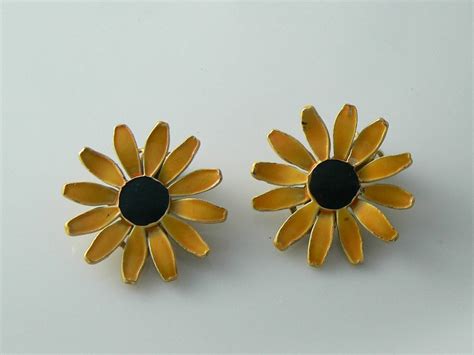 Enamel Sunflower Clip On Earrings Signed Art