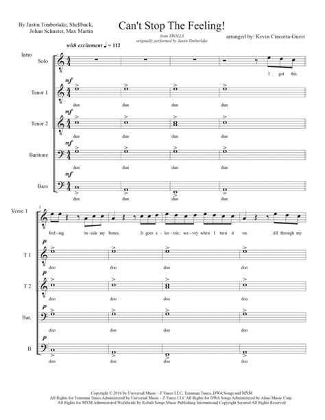 Can't Stop The Feeling! (arr. Kevin Cincotta-Guest) by Justin Timberlake Sheet Music for TTBB ...