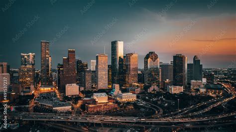 Downtown Houston Skyline at Sunset Stock Photo | Adobe Stock