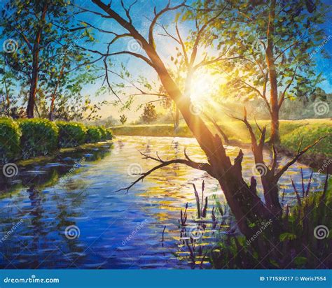 Oil Painting Amazing Scenery Sunny Morning on River Art. Stock Image ...