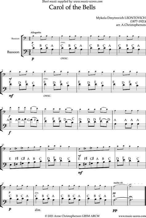 Leontovich. Carol of the Bells - Easy Bassoon solo classical sheet music