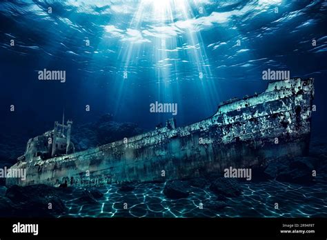 Titanic shipwreck lying silently on the ocean floor. The image showcases the immense scale of ...