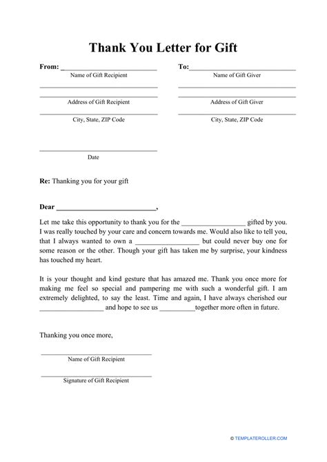 Thank You Letter for Gift Template Download Printable PDF | Templateroller