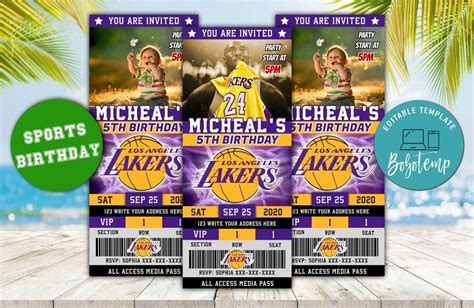 Kobe Bryant Los Angeles Lakers Ticket Birthday Editable Templates DIY ...