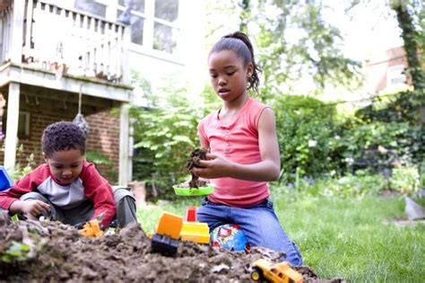 Free picture: two, young, African American, children, play, outside, backyard, dirt, pile