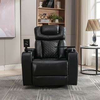 Black PU Leather 270° Swivel Power Recliner Chair with USB, Cup Holders, Storage - Bed Bath ...