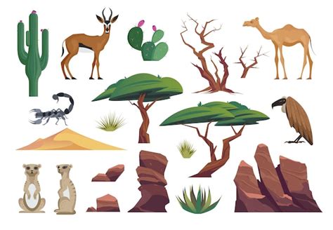 Free Vector | Desert animal set with isolated icons of sands cacti bushes trees wild animals ...