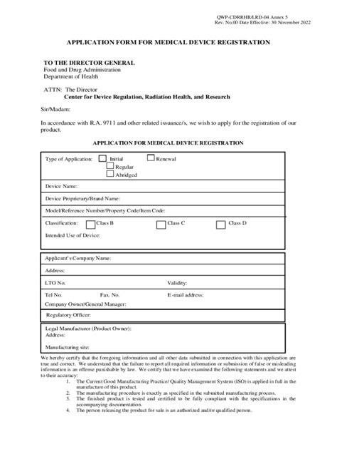 Fillable Online APPLICATION FORM FOR MEDICAL DEVICE ... Fax Email Print ...