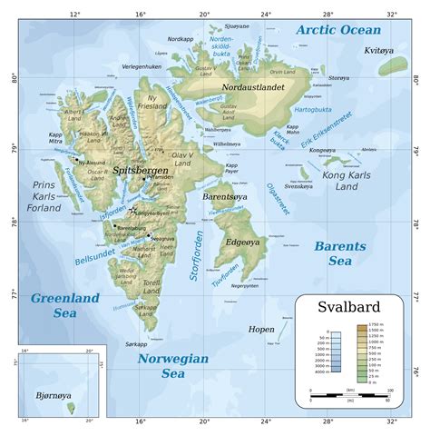 Large detailed physical map of Svalbard with cities and airports ...