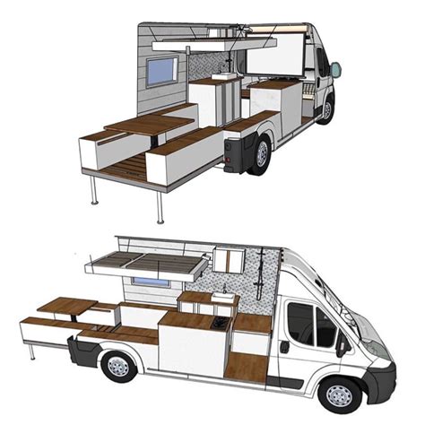 the interior and side view of a camper with an open kitchen area on top