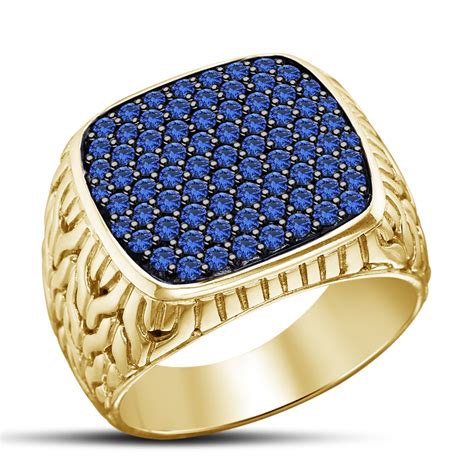 Men's Fashion Jewelry Round Cut Blue Sapphire 14k Yellow GP 925 Silver ...