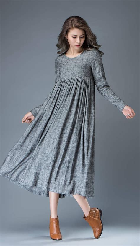 Maxi Linen Dress Comfortable Linen Loose-fitting Long Sleeved Everyday Marl Grey Midi-length ...