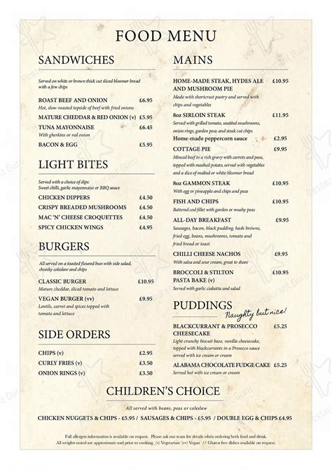 Menu at The Vine Inn pub & bar, Nantwich