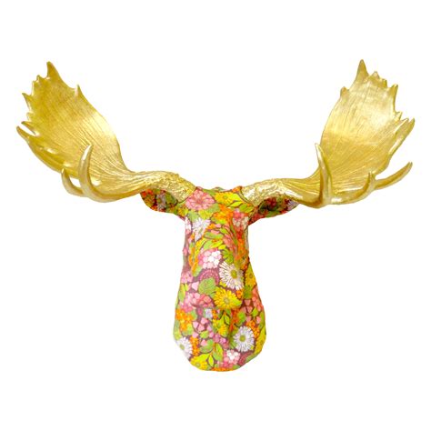 This faux moose head wall mount is covered in a bright vibrant floral fabric. This pattern is a ...