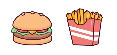 Cute Kawaii Burger, Hamburger and French Fries Potato Fast Food Clipart, Sticker, Illustration ...