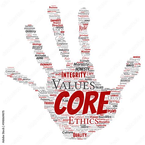 Vector conceptual core values integrity ethics hand print stamp concept word cloud isolated ...