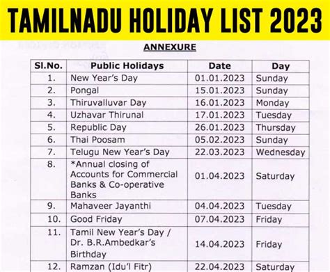 Tamil Nadu Government Public Holidays 2023 - Indian Military Veterans