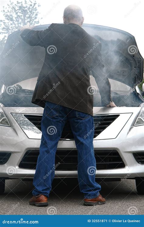 Auto Driver and Open Car Engine Hood in Fire Smoke Stock Image - Image of failure, busted: 32551871