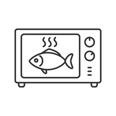 Cooking fish in microwave oven linear icon. Thin line illustration. Reheating meal. Contour ...