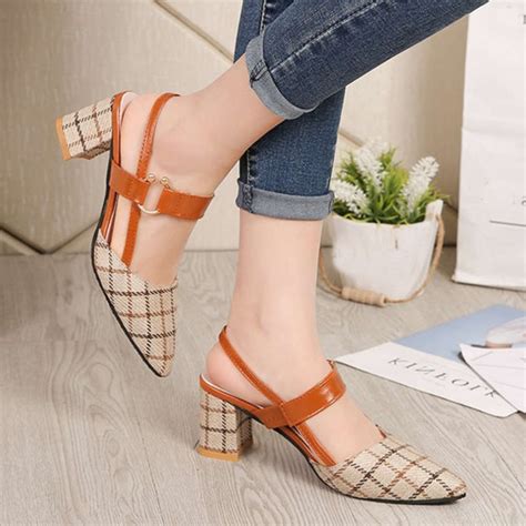 Cute Elegant Office Square Heel Plaid Women Sandals | cheapsalemarket.com