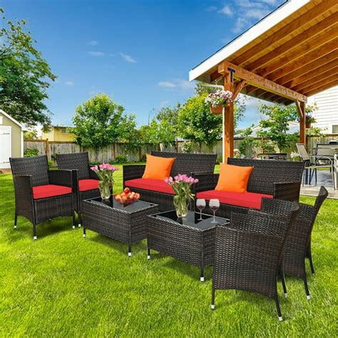 Gymax 8PCS Patio Rattan Conversation Furniture Set Outdoor w/ Red ...