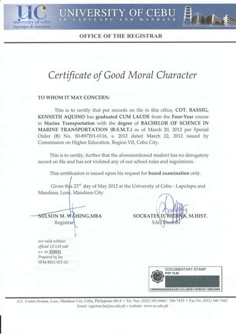 Certificate of Good Moral Character