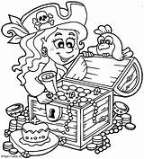 Pirate Girl With Treasure Chest coloring Page sketch template