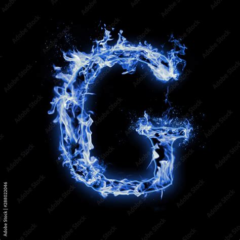 Letter G. Blue fire flames on black isolated background, realistic fire ...