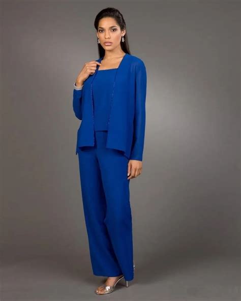 New Arrival 3 Pieces Chiffon Blue Edged Mom's Pant Suits Women Prom Suits Lady Formal Party Wear ...