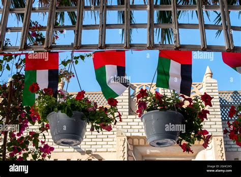 United Arab Emirates national flag decorations hanging among flowers ...