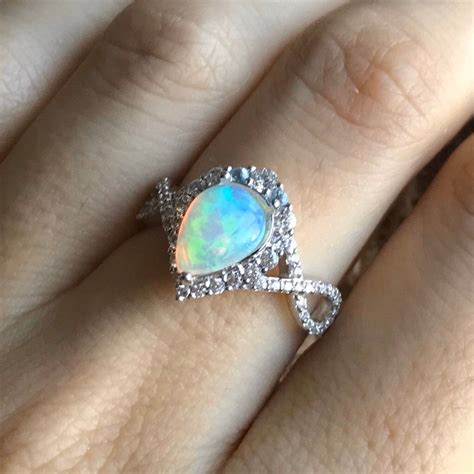 Genuine Opal Infinity Engagement Ring- Natural Teardrop Opal Promise Ring- Welo Opal Pear Halo ...