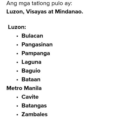 Magbigay ng tatlong malalaking pulo sa Pilipinas. Magbigay ng tig 10 lugar na sakop ng bawat ...