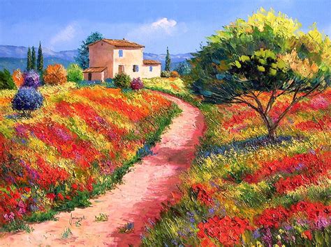 French landscape painting, art, cloud, house, jean marc janiaczyk, tree, france, HD wallpaper ...