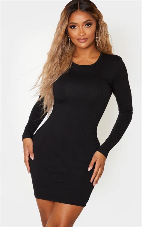 Shape Black Cotton Long Sleeve Bodycon Dress | PrettyLittleThing CA