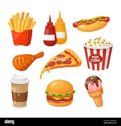 Fast food. Cartoon french fries, ketchup and hot dog, chicken and pizza, coffee and burger ...