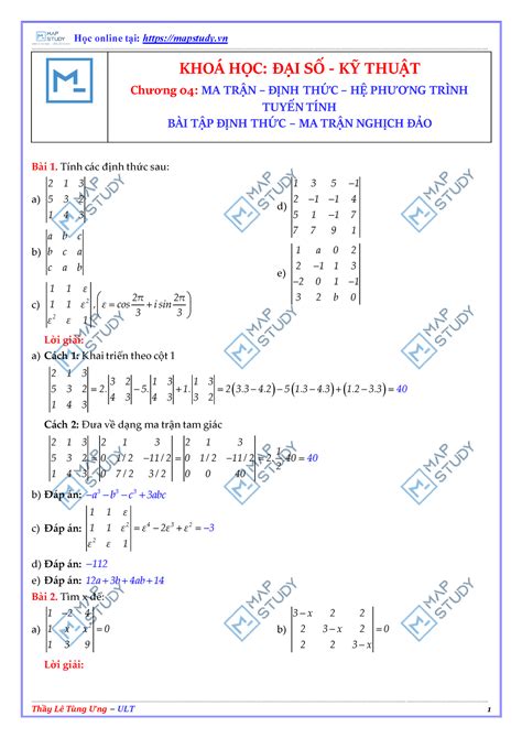 Bài 5 Bài tập định thức - Ma trận nghịch đảo[Lời giải + Đáp án] - KHOÁ HỌC: ĐẠI SỐ - KỸ THUẬT ...