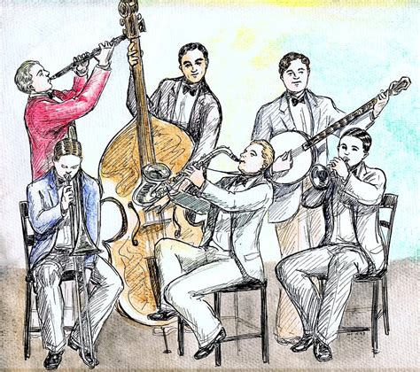 Cartoon Jazz Band Drawing by Mel Thompson