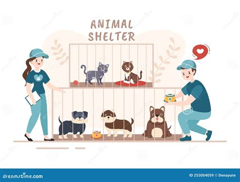 Animal Shelter Cartoon Illustration with Pets Sitting in Cages and Volunteers Feeding Animals ...