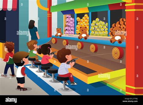 A vector illustration of happy kids playing in carnival games Stock ...